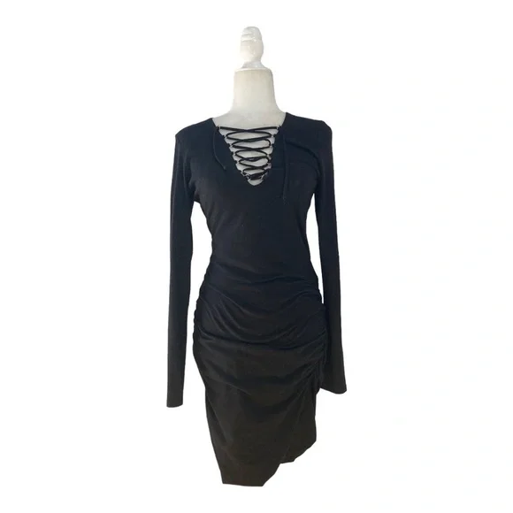Pam & Gela Lace up Ruched Black Dress Long Sleeves - Picture 10 of 15
